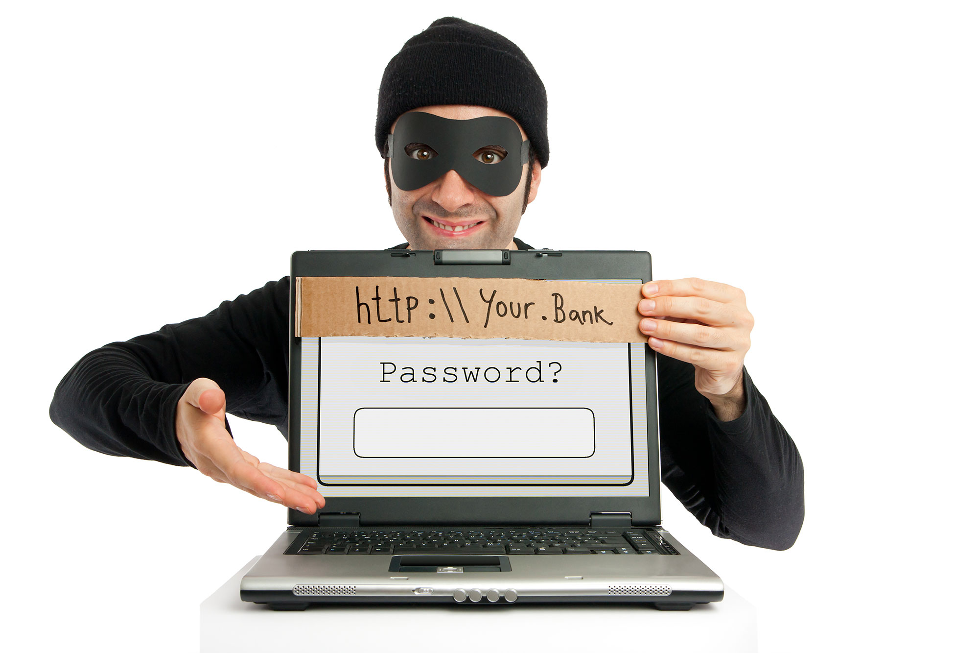 Masked scammer holding a computer inviting you to give him bank information