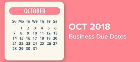 October 2018 calendar with due dates marked on it. Taxes Accounting and Bookkeeping in Bellingham, WA